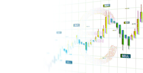 Colorful candlestick chart with buy and sell signals, 3D Rendering, on clean white background. Concept of stock exchange trading and analysis
