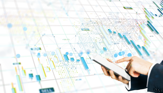 Businessman using smartphone with digital financial chart interface over white background, representing stock market and forex investment