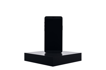 Black smartphone front view displayed on a black pedestal, isolated on white background. 3D Rendering of modern tech for product branding concept
