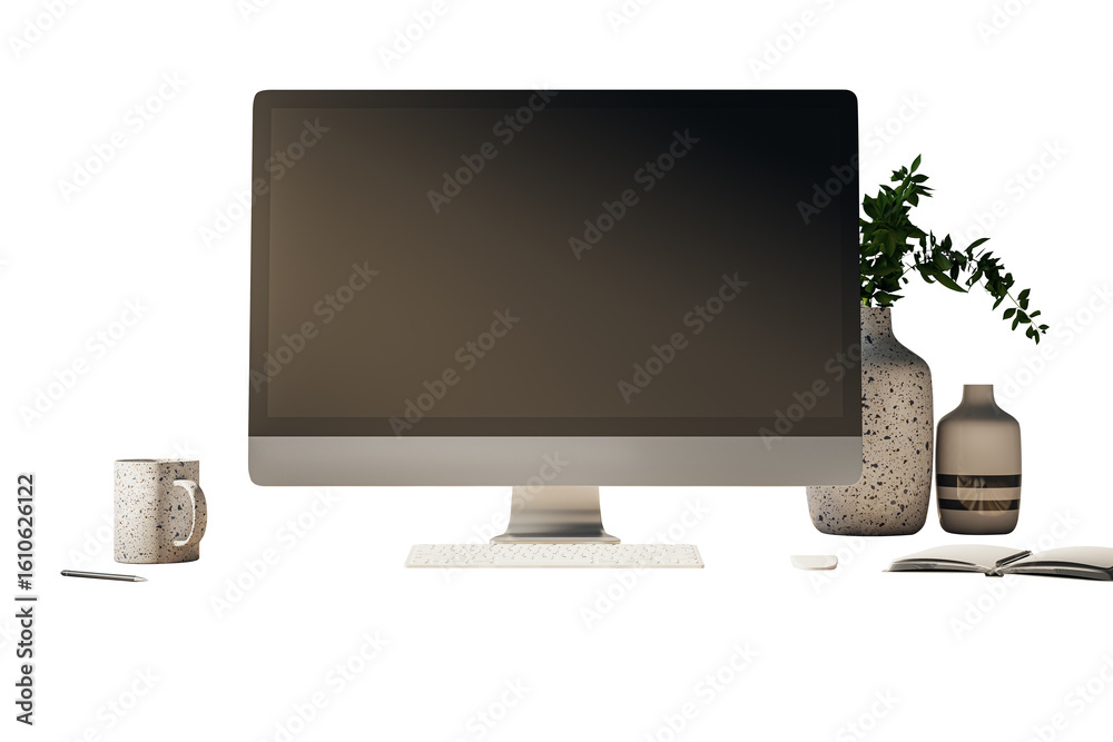 Poster computer screen mockup on clean white background with keyboard, office desk items, and blank display