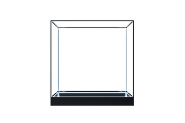 Transparent glass display case with internal lights and a black base, isolated on white background. Concept for product presentation or exhibit. 3D Rendering