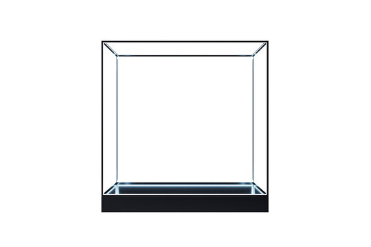 Transparent glass display case with internal lights and a black base, isolated on white background. Concept for product presentation or exhibit. 3D Rendering