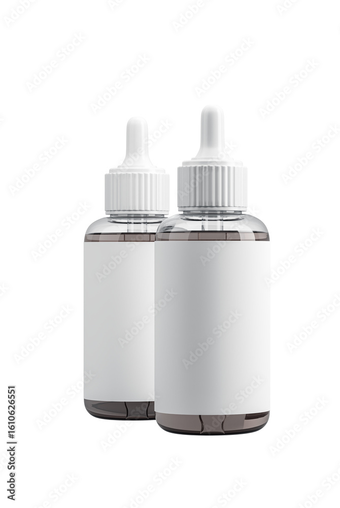 Poster Two empty dropper bottles with blank labels isolated on white background, clean design for product branding concept, 3D Rendering