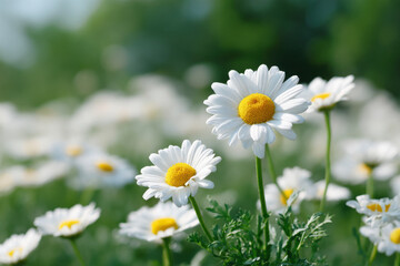 serene closeup view of chamomile flowers showcasing their delicate white petals and bright yellow centers