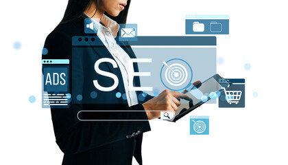 Businesswoman using tablet with SEO interface and marketing icons, modern graphic style, on white background, concept of digital strategy