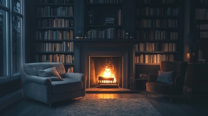 Cozy evening in a warmly lit library space