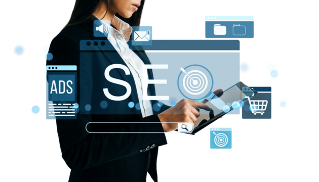 Businesswoman using tablet with SEO interface and marketing icons, modern graphic style, on white background, concept of digital strategy