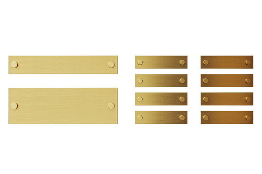 Blank gold metal nameplates with screws in various sizes and tones, isolated on white background, closeup signage mockup concept. 3D Rendering