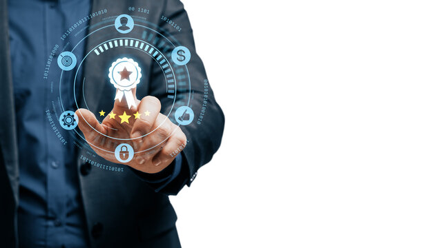 Businessman interacting with digital certificate icon hologram, modern tech style, on white background, concept of quality compliance system