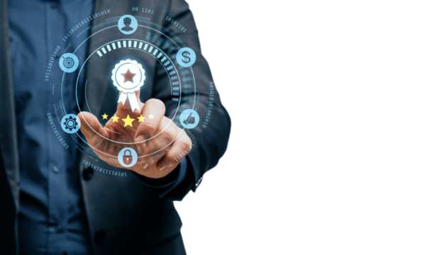 Businessman interacting with digital certificate icon hologram, modern tech style, on white background, concept of quality compliance system - Powered by Adobe