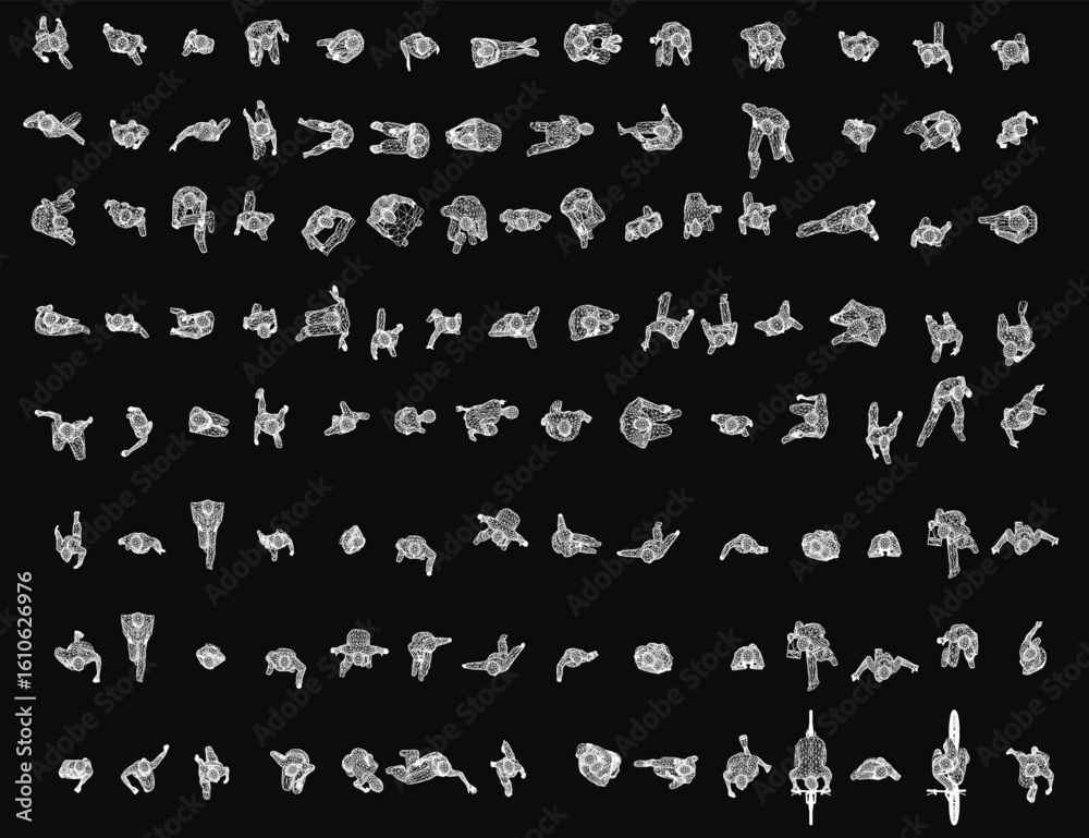 Poster a set of white wireframe silhouettes performing various poses against a black background. the figure