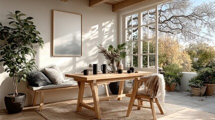 Obraz premium Bright Minimal Dining Room with Wooden Furniture and Blank Poster Frame on White Wall for Mockup