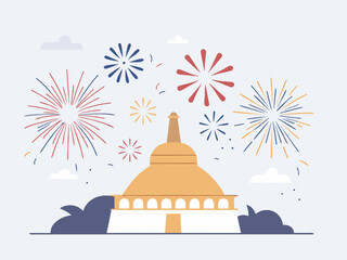 Celebration at a Buddhist Temple with Fireworks and Clouds in a Stylized Vector Illustration vector illustration