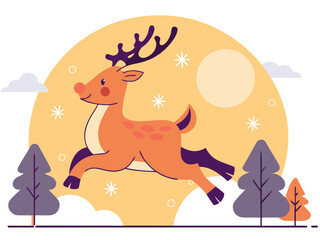 Whimsical Reindeer Leaping Through a Winter Landscape with Snowflakes and Stylized Trees Illustration stylized orange reindeer