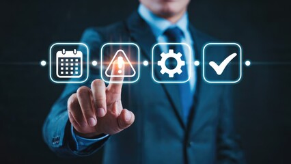 Businessman interacts with digital icons for planning, risk, process, and completion on futuristic interface