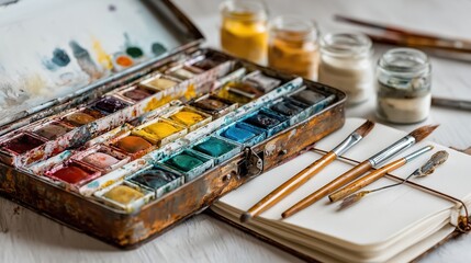 Rustic Watercolor Paint Set With Brushes And Sketchbook