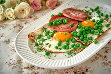 A Delicious Morning Meal Featuring Fried Eggs with Green Peas and Sliced Meat, Surrounded by Fresh Roses on a Floral Tablecloth