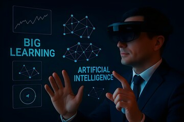 A man wearing a vr headset interacts with a holographic display showing big data, artificial intelligence, and machine learning concepts