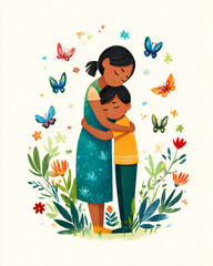 watercolor mother hugging child with butterflies and flowers