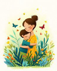 watercolor mother hugging child with butterflies and flowers