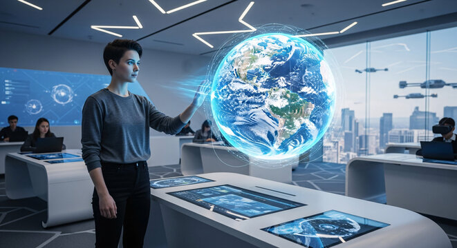 Young Woman Interacting with a Futuristic Holographic Earth Globe.