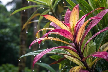 A plant with pink and yellow leaves is covered in raindrops