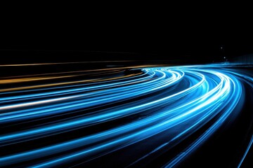 Fototapeta premium Blue light trails create dynamic patterns against a dark background in long exposure capture, Blue light trails over dark background with glowing center