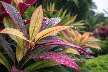 A plant with pink and yellow leaves is covered in raindrops