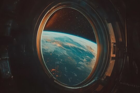 View of Earth through the porthole of the space station at dawn, view from the space station through the porthole to outer space and the planet