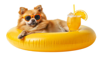 Pomeranian dog wearing sunglasses in a color pool float with cocktail drink isolated on white background, cut out png

