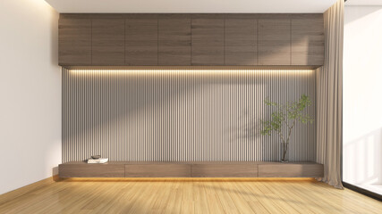 Modern minimalist living room with built-in TV cabinet and wooden slat wall. Wooden floor and white wall. 3d rendering