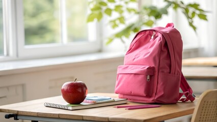 Pink Backpack with School Supplies on Desk