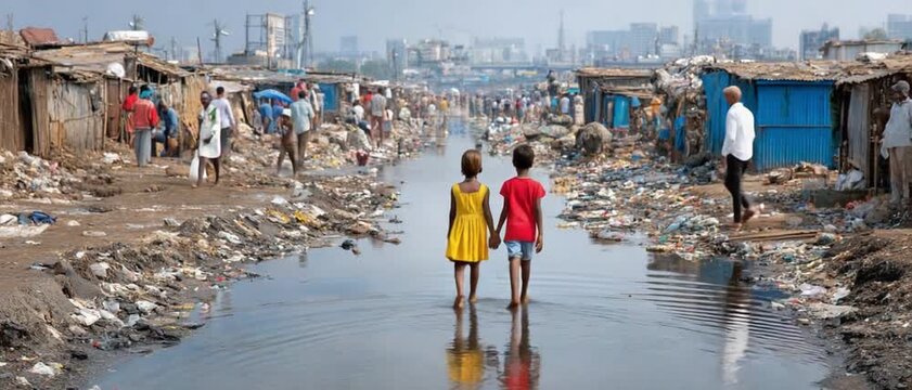 Resilience and Hope: Two children hold hands, walking confidently through a challenging environment, with a cityscape as their backdrop, depicting a story of resilience and hope.
