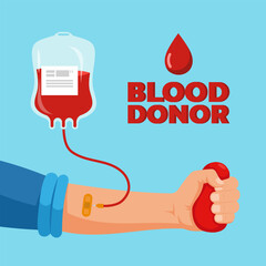 Illustration of a blood donation process with a hand, blood bag, and text 