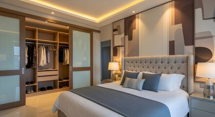 Serene Modern Bedroom Interior with Tufted Headboard Ambient Lighting and Integrated Sliding Wardrobe.