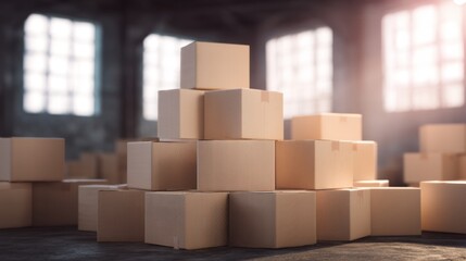 Fototapeta premium An indoor setting with stacked cardboard boxes in varying sizes, arranged in a pyramid-like structure,