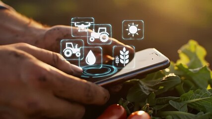 Hands holding a smartphone displaying agricultural technology icons, with fresh produce visible nearby, representing smart farming and modern agriculture. - Powered by Adobe