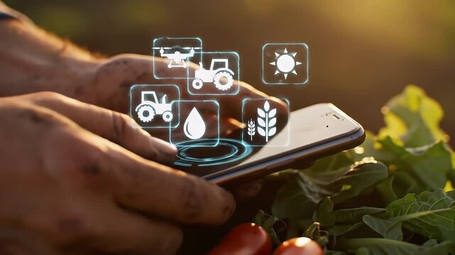 Hands holding a smartphone displaying agricultural technology icons, with fresh produce visible nearby, representing smart farming and modern agriculture. - Powered by Adobe
