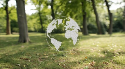 A semi transparent virtual globe with pixelated silver continents floats in a peaceful park scene surrounded by green tr