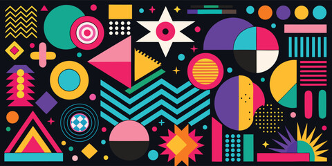 A colorful backdrop filled with diverse geometric shapes in an array of hues..eps