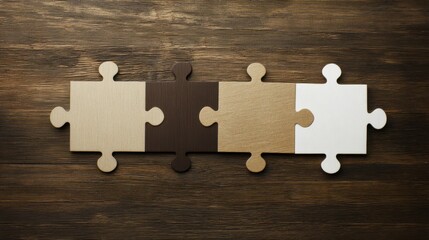 Four jigsaw puzzle pieces in varying shades are aligned on a textured wooden surface,