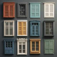 Fototapeta premium A collection of vibrant window shutters showcasing various styles.