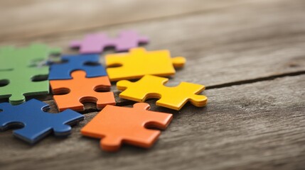 Colorful interlocking puzzle pieces scattered on an old wooden table, showcasing teamwork, problem solving,