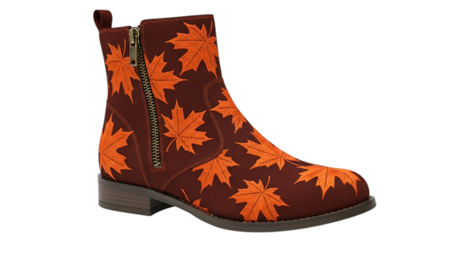 A stylish brown boot with orange maple leaf design isolated on transparent background