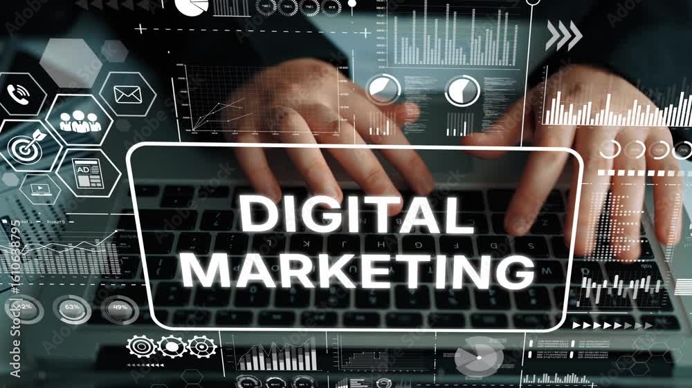 Poster hands typing on laptop with digital marketing graphics and data elements in modern workspace. asympt