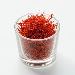 Fototapeta premium Saffron threads in glass isolated on white background. use cases: culinary, health.