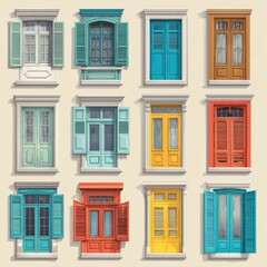 Obraz premium A variety of colorful window shutters in different styles.