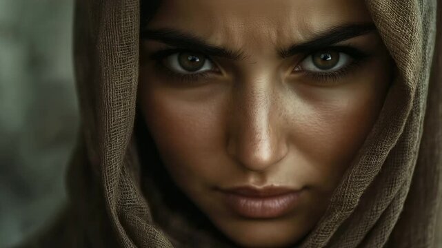 close-up portrait of an upset Muslim woman wearing a hijab. Her serious expression reflects inner sadness and emotional struggle. The image captures the quiet strength