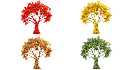 Fototapeta premium Four autumn trees with different colored leaves isolated on transparent background