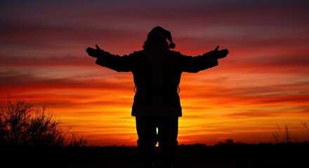 Santa Claus silhouette with arms outstretched against a vibrant sunset sky, Christmas spirit
